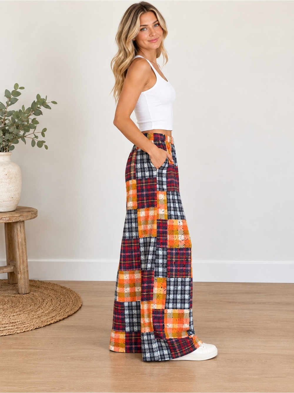Jaded Gypsy Mixed Up Flannel Pants Mango Patchwork Wide Leg L/XL - Picture 3 of 8